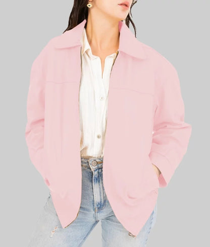 Women’s Pink Oversized Bomber Leather Jacket