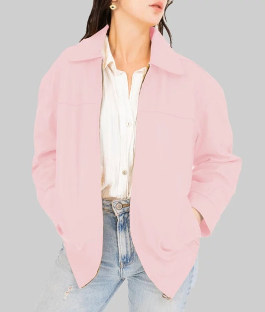 Women’s Pink Oversized Bomber Leather Jacket