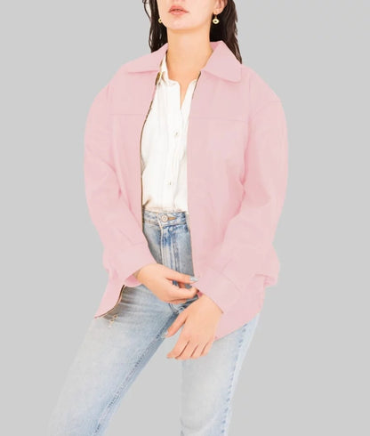 Women’s Pink Oversized Bomber Leather Jacket