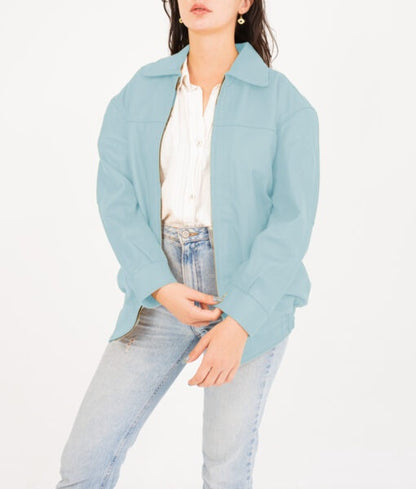 Women’s Blue Oversized Bomber Leather Jacket