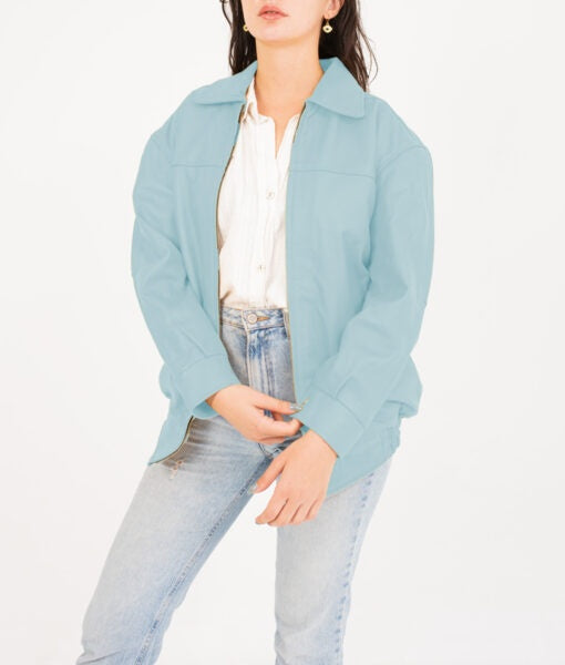 Women’s Blue Oversized Bomber Leather Jacket