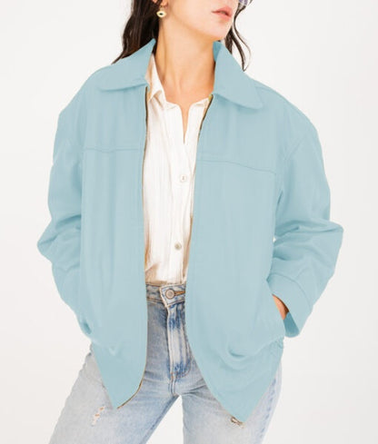 Women’s Blue Oversized Bomber Leather Jacket
