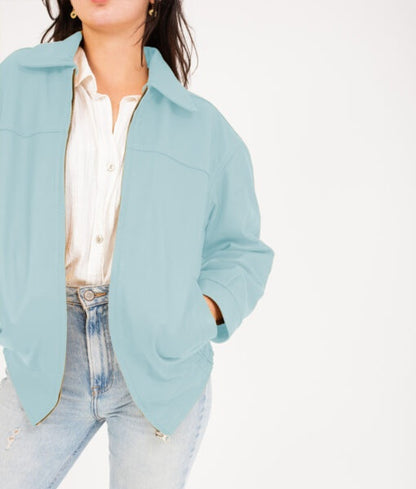 Women’s Blue Oversized Bomber Leather Jacket