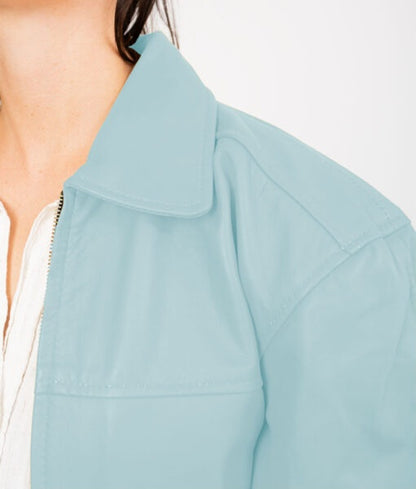 Women’s Blue Oversized Bomber Leather Jacket