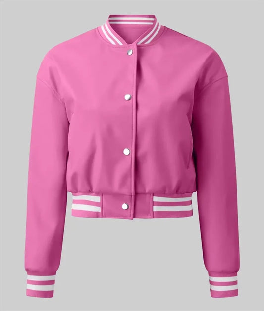 Women’s Trendy Pink Leather Varsity Jacket