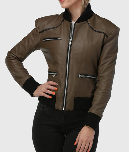 Women’s Classic Brown Bomber Leather Jacket