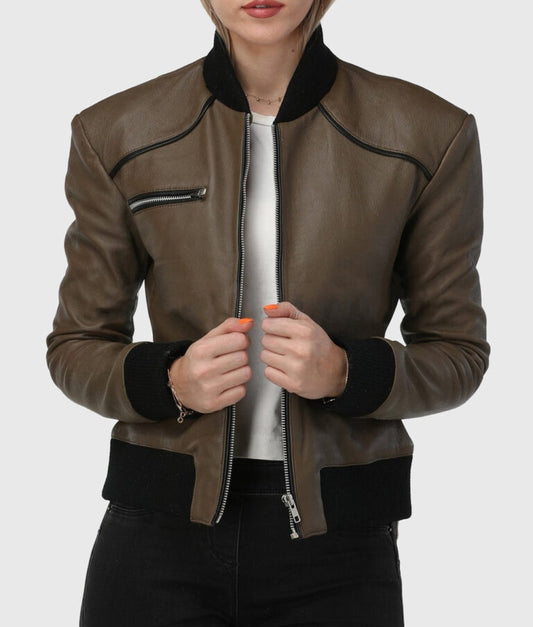 Women’s Classic Brown Bomber Leather Jacket