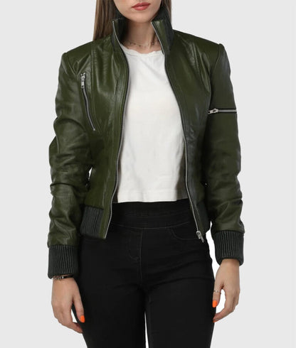 Women’s Green Bomber Leather Jacket