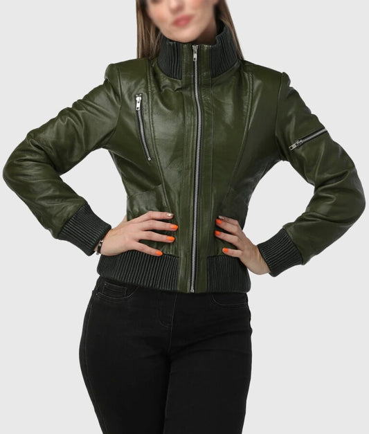 Women’s Green Bomber Leather Jacket