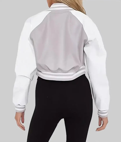 Women’s Grey and White Leather Varsity Jacket