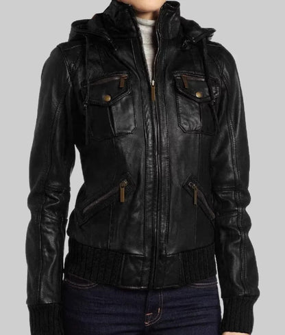 Women’s Black Hooded Bomber Leather Jacket