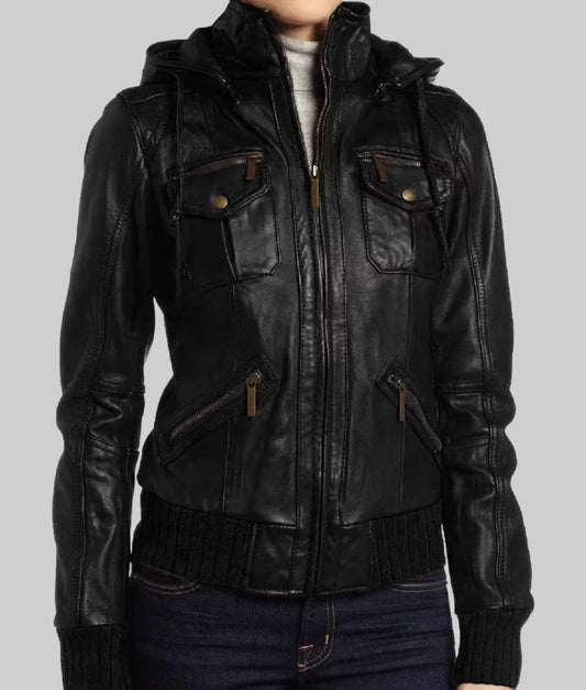 Women’s Black Hooded Bomber Leather Jacket