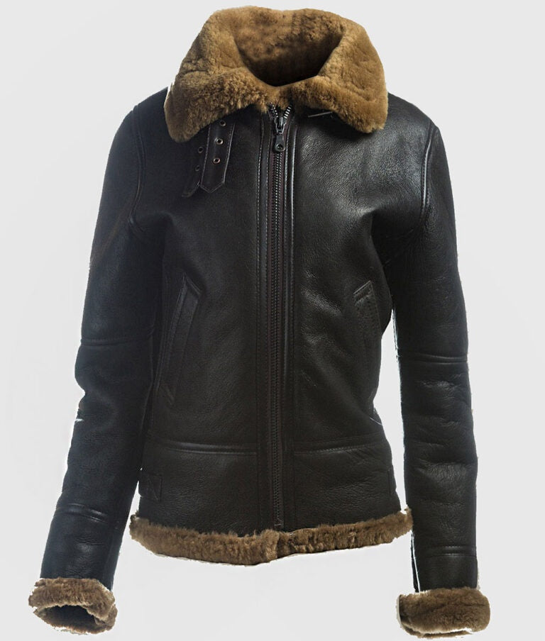 Women’s Dark Brown Shearling B-3 Bomber Leather Jacket