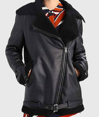 Women’s Trendy Oversized Black Bomber Leather Jacket