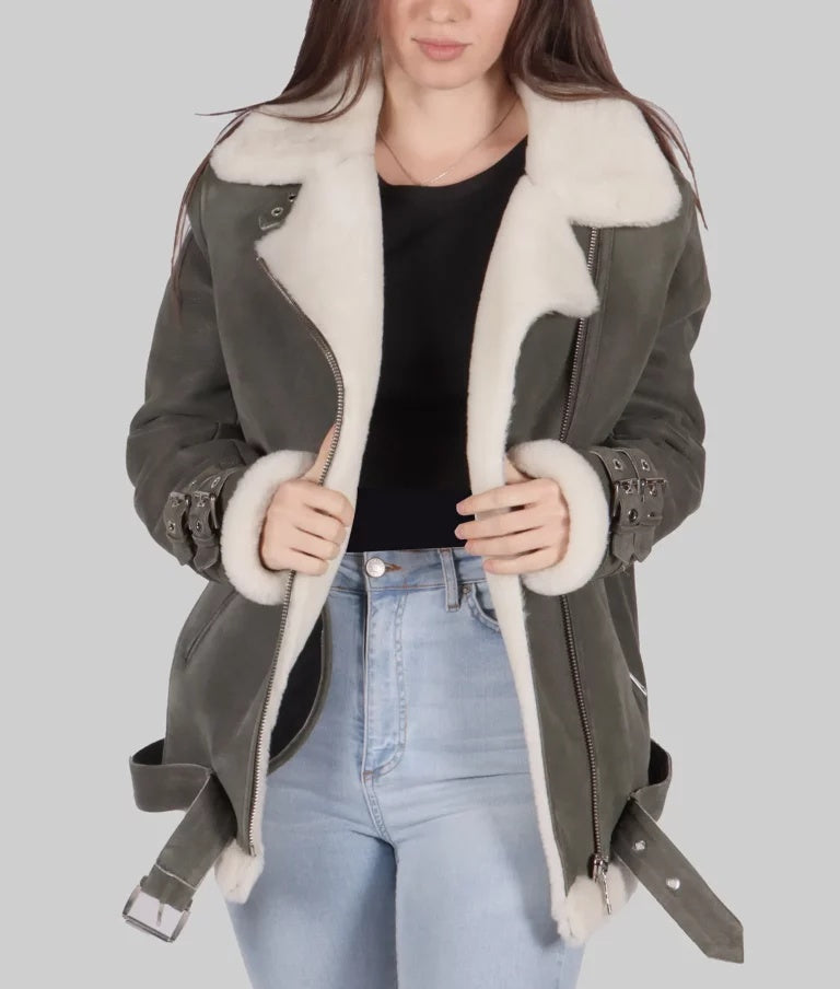  women’s grey B-3 shearling bomber leather jacket, 