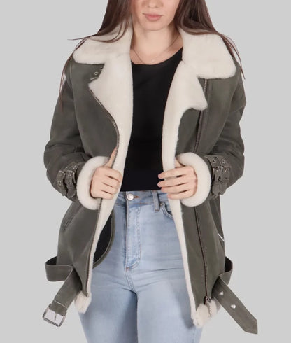  women’s grey B-3 shearling bomber leather jacket, 