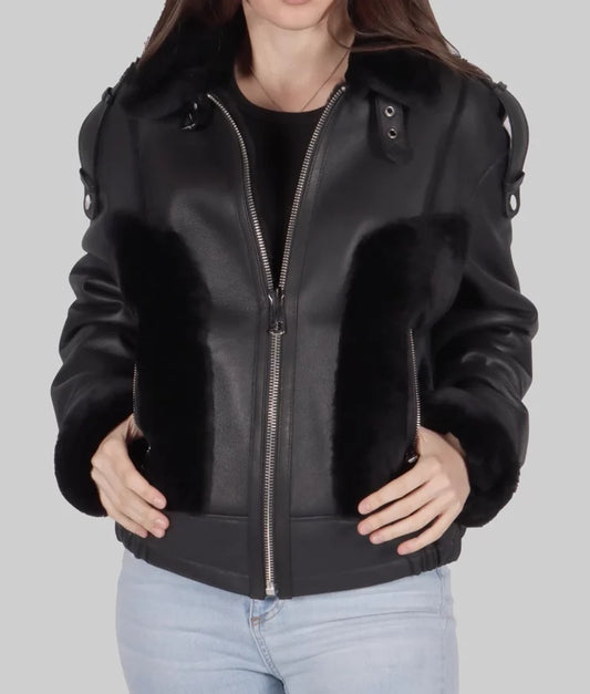  women’s black shearling leather aviator jacket. 