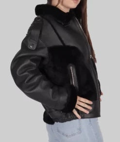  women’s black shearling leather aviator jacket. 
