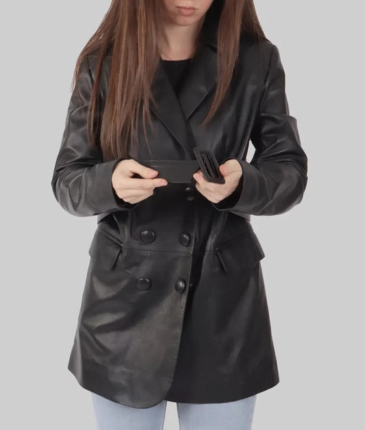  women’s black leather trench coat, 