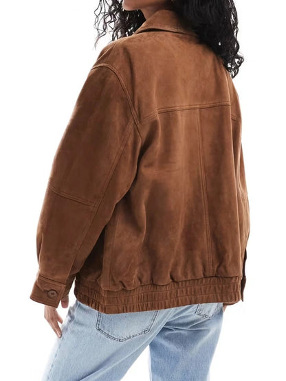 Stylish Oversized Tan Bomber Jacket in Real Leather