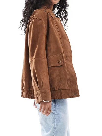 Stylish Oversized Tan Bomber Jacket in Real Leather