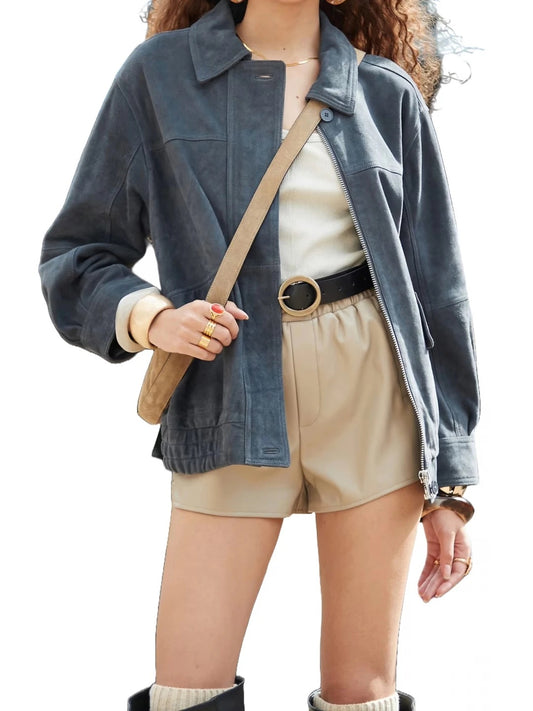 Stylish Oversized Navy Blue Bomber Jacket in Real Leather