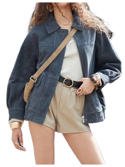 Stylish Oversized Navy Blue Bomber Jacket in Real Leather