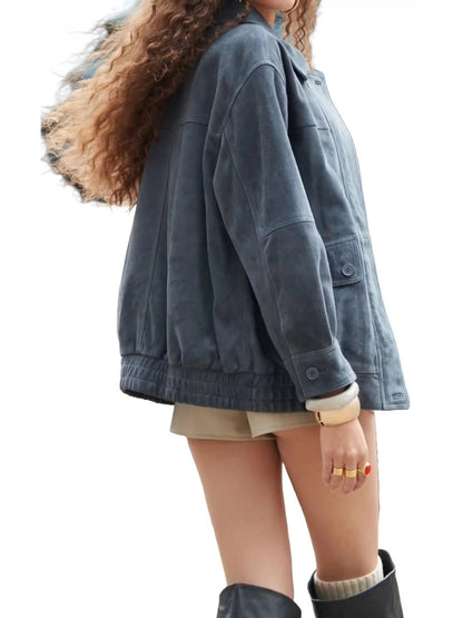 Stylish Oversized Navy Blue Bomber Jacket in Real Leather