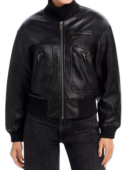 Classic Black Leather Bomber Jacket with Front Pockets