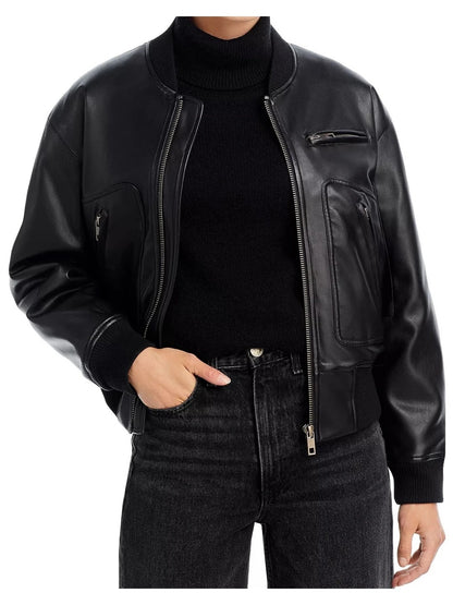 Classic Black Leather Bomber Jacket with Front Pockets