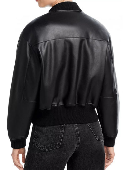 Classic Black Leather Bomber Jacket with Front Pockets