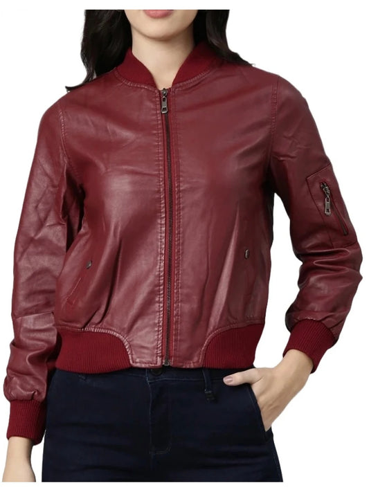 Women’s Maroon Leather Bomber Jacket with Pocket Detailing