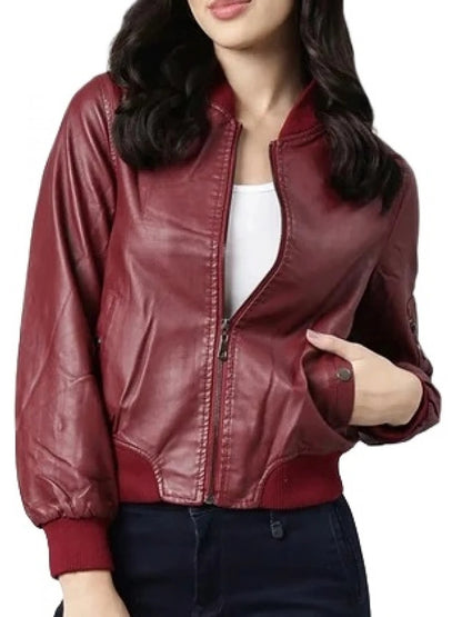 Women’s Maroon Leather Bomber Jacket with Pocket Detailing