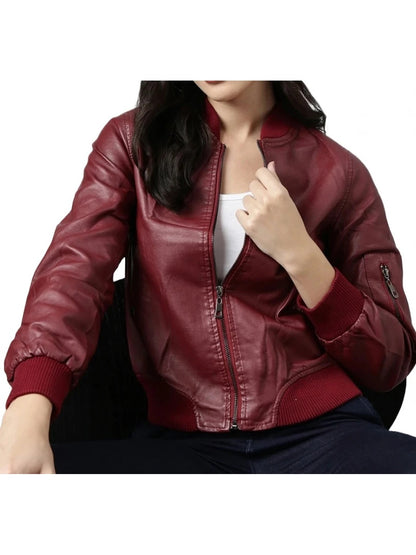 Women’s Maroon Leather Bomber Jacket with Pocket Detailing