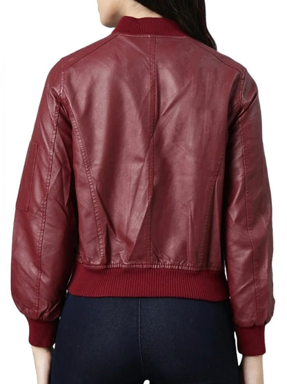 Women’s Maroon Leather Bomber Jacket with Pocket Detailing