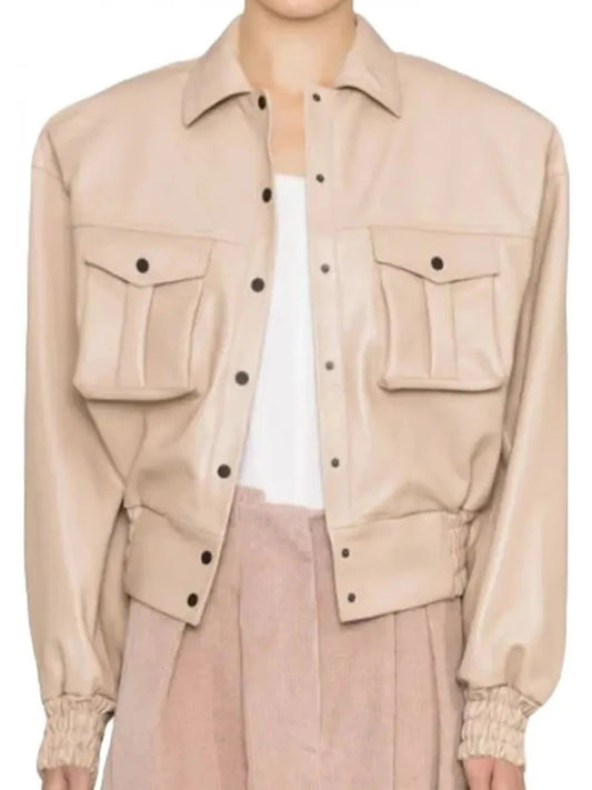 Women’s Beige Real Leather Bomber Jacket