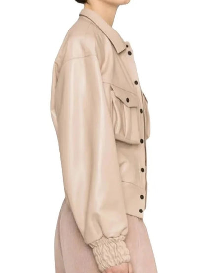 Women’s Beige Real Leather Bomber Jacket
