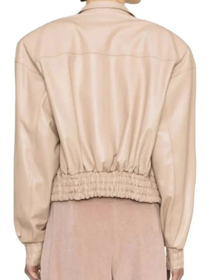 Women’s Beige Real Leather Bomber Jacket