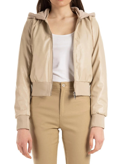 Stylish Women’s Beige Leather Zip-Up Bomber Jacket