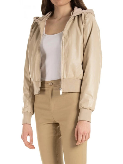 Stylish Women’s Beige Leather Zip-Up Bomber Jacket