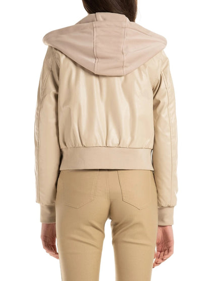 Stylish Women’s Beige Leather Zip-Up Bomber Jacket