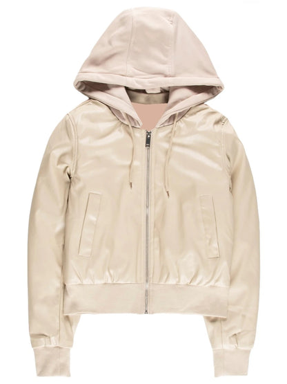 Stylish Women’s Beige Leather Zip-Up Bomber Jacket