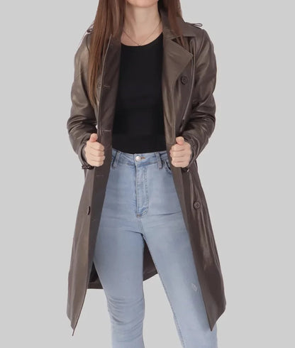 women’s brown real leather trench coat,