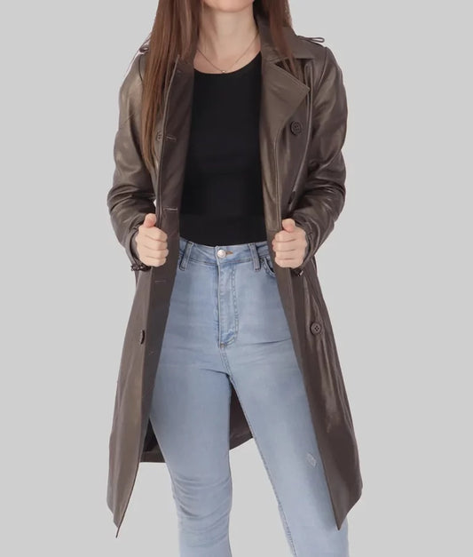 women’s brown real leather trench coat,