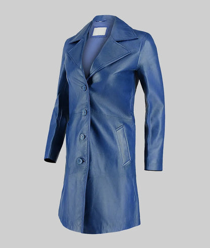Women’s Blue Leather Trench Coat