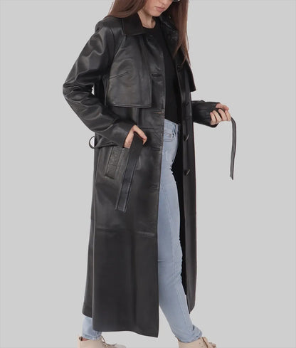 Women’s Black Leather Trench Coat