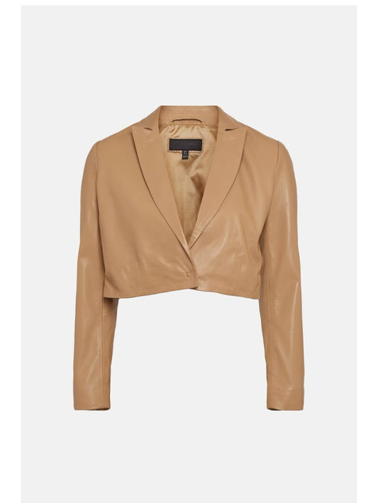 Women’s Tan Beige Sheepskin Leather Blazer Cropped Short Fit