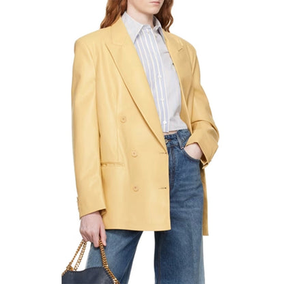 Women’s Double Breasted Yellow Leather Blazer
