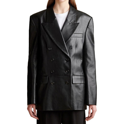 Elegant Women's Double Breasted Black Leather Blazer – Premium Soft Leather Jacket
