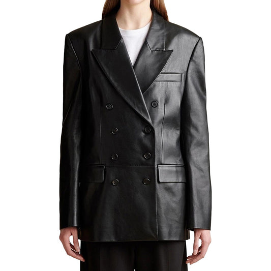 Elegant Women's Double Breasted Black Leather Blazer – Premium Soft Leather Jacket